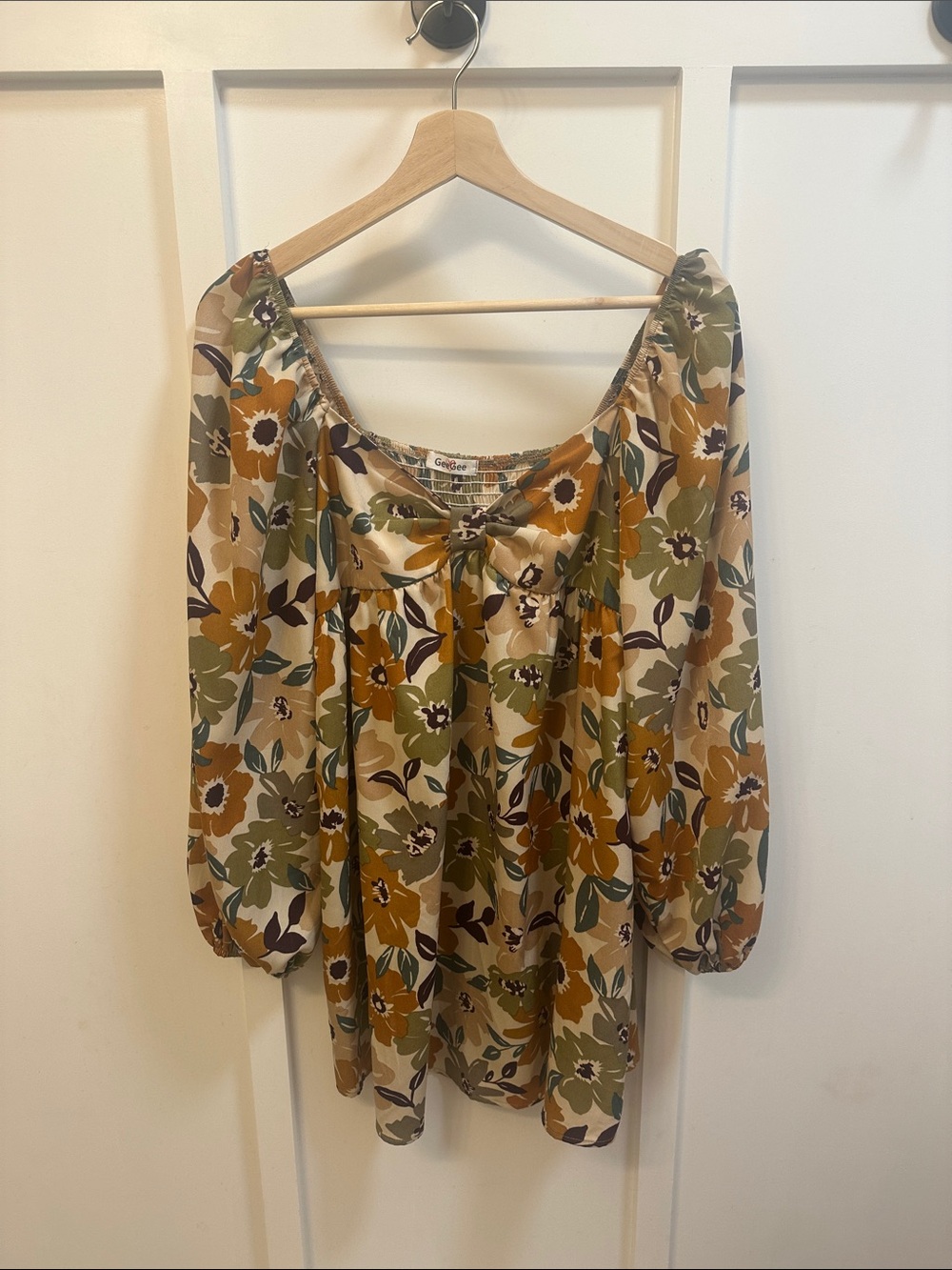Floral Long-Sleeve Peasant Dress in Olive, Mustard & Cream